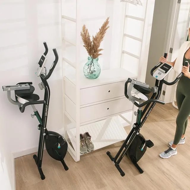 Bicicleta estática ergométrica dobrável DrumFit X-Bike Neo Pro com encosto. Ecrã LCD. Resistência magnética variável. Selim confortável com encosto e