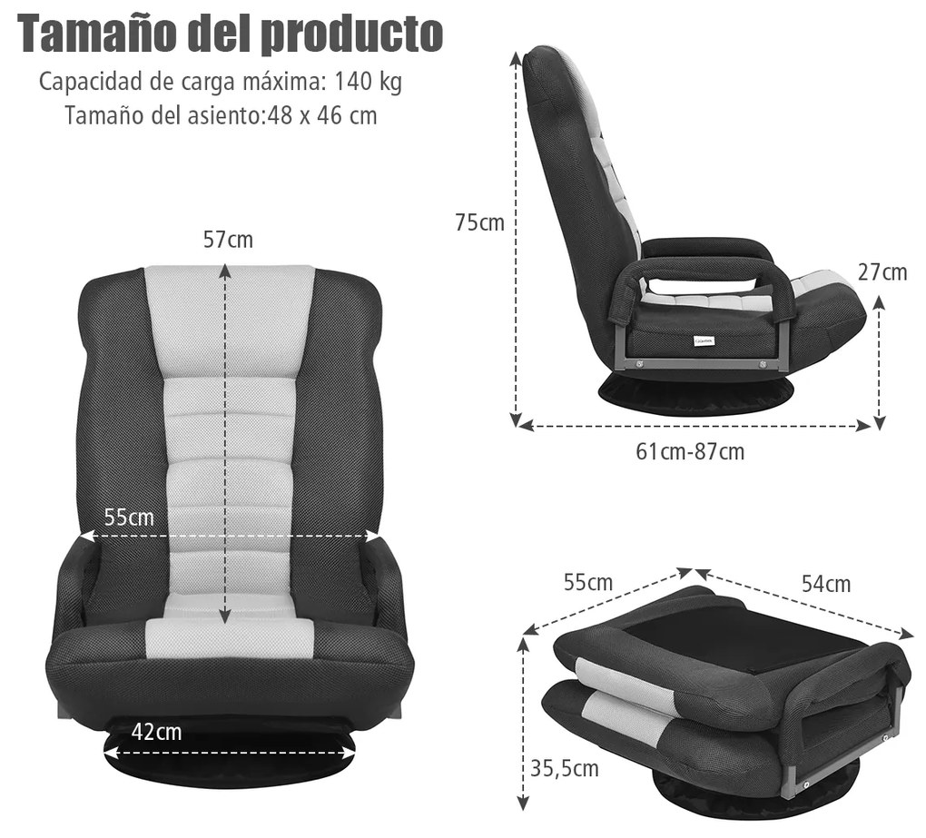 Sofá-cadeira rebatível ajustável em 6 posições com base giratória de 360° para ler e relaxar 61-87 x 55 x 75 cm Cinzento