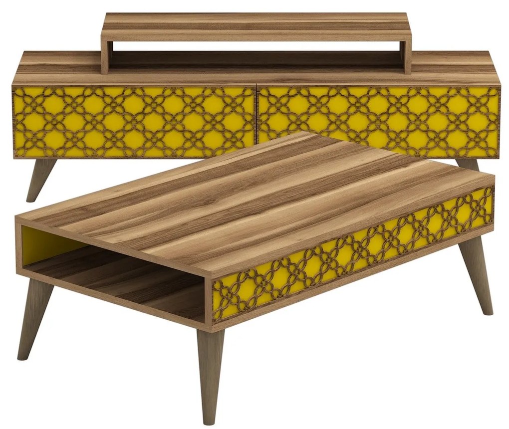 Conjunto de Mobiliário de Sala de Estar City – Nogueira Amarelo – Tv: