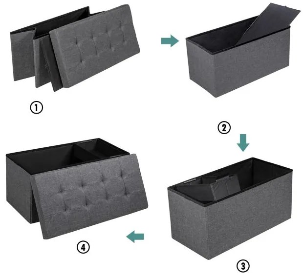 Banco dobrável com espaço para arrumação 80 cm x 40,5 cm x 40,5 cm com assento acolchoado cinza escuro