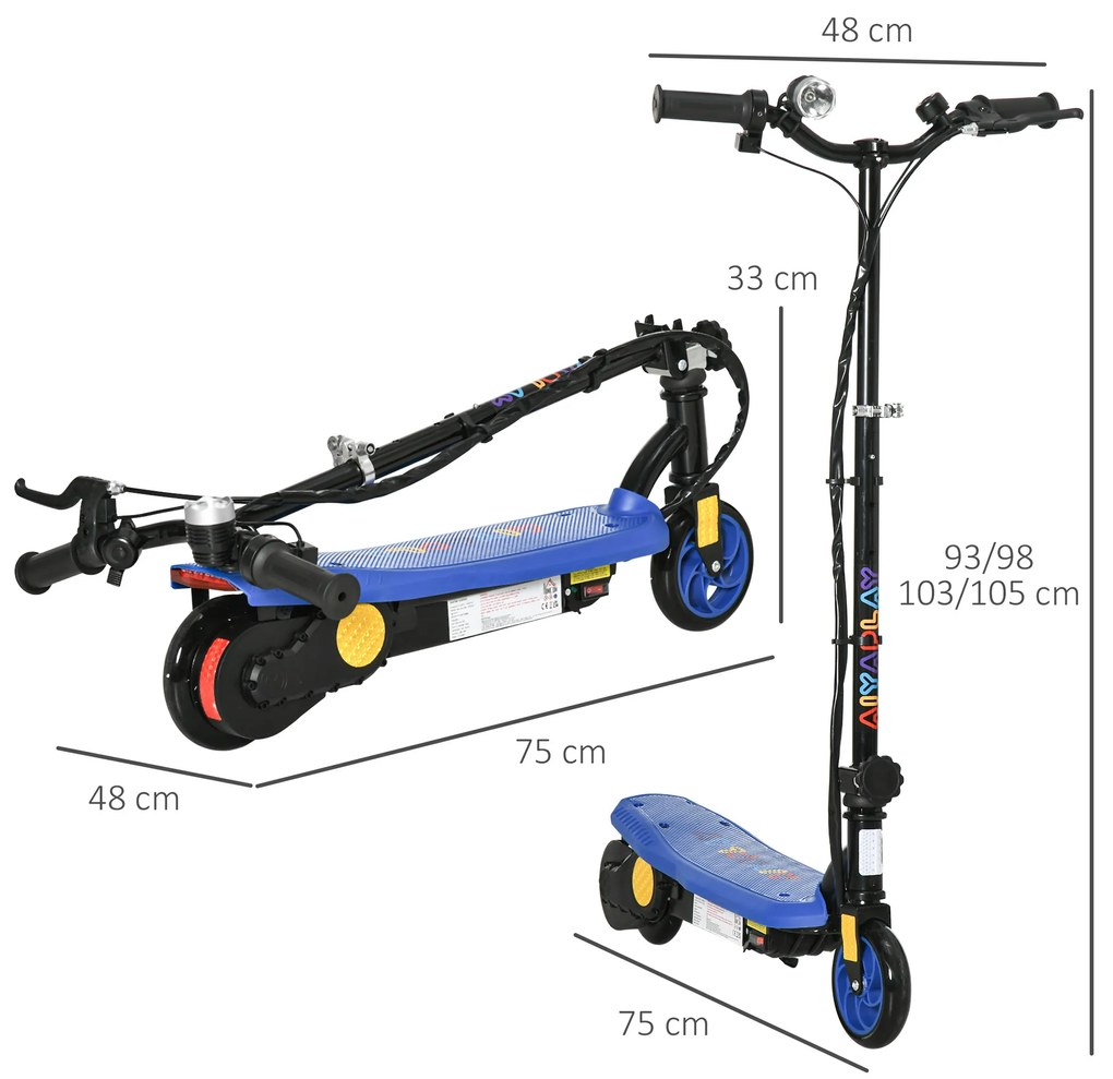 Trotinete Elétrica Dobrável com Velocidade Máx. 12 km/h Motor 120 W Autonomia Máxima 10 km e Farol LED 75x48x93-105 cm Azul