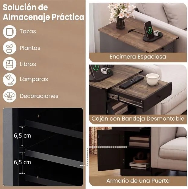 Conjunto de 2 mesas cabeçeira, mesas apoio 35 x 60 x 62 cm com estação de carregamento e armazenamento, gaveta, estante ajustável e bandeja removível,