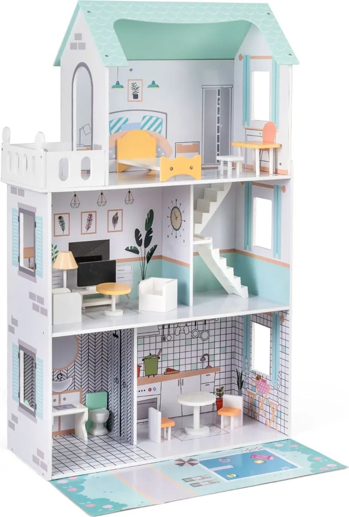 Casa de bonecas de madeira 74,5 x 34 x 120,5 cm com 18 peças de mobiliário e escada verde