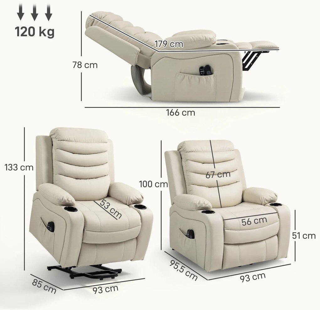 Poltrona Relax Reclinável Elétrica Elevatória com Massagem Vibratória Aquecimento e Porta USB 93x95,5x100 cm Creme