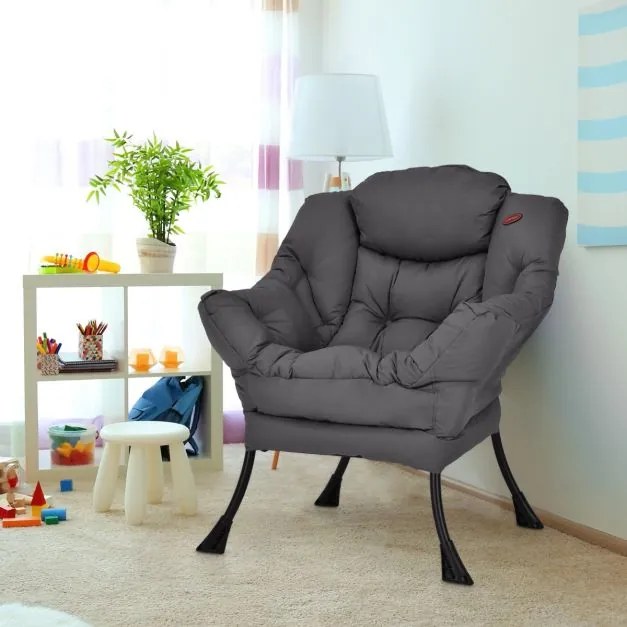 Poltrona moderna em tecido de poliéster com estrutura em metal estofada com bolso lateral 75 x 81 x 94,5 cm cinzenta
