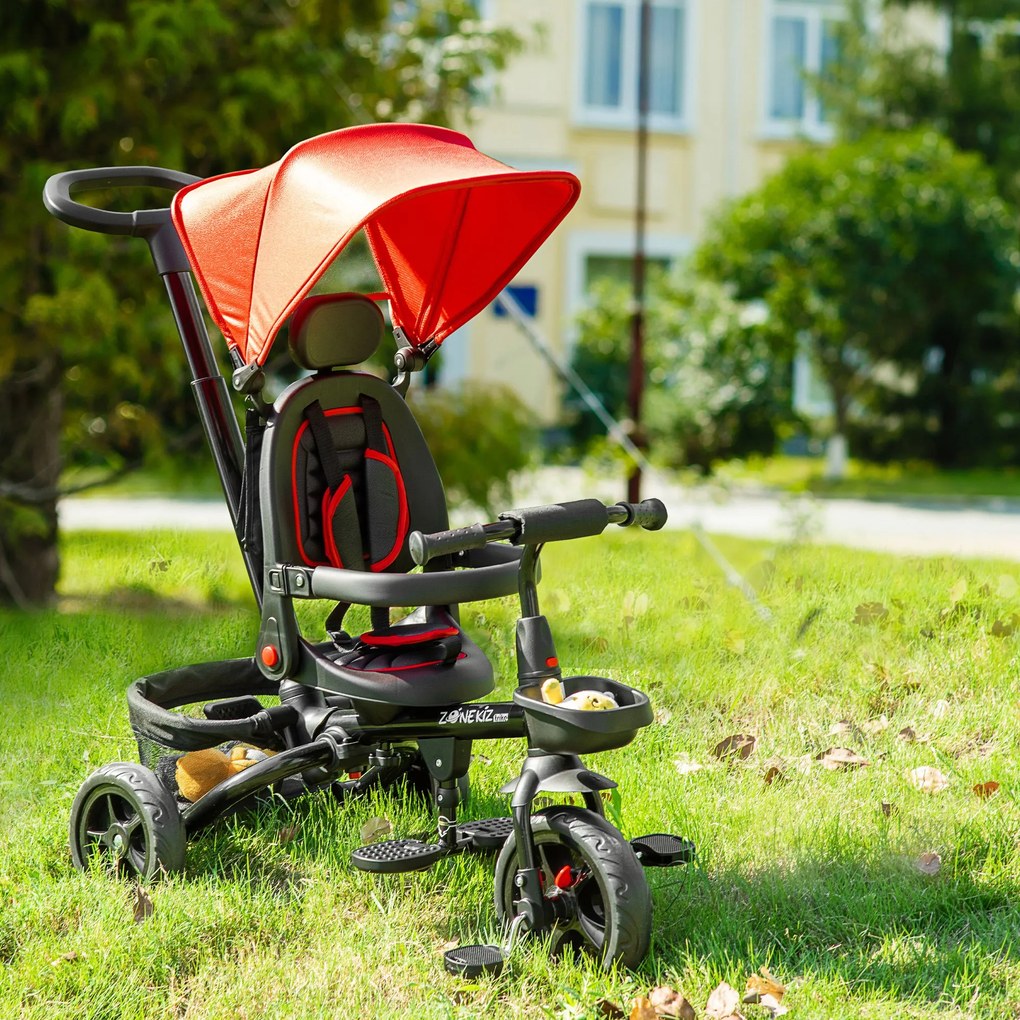 Triciclo Infantil 4 em 1 Bicicleta para Crianças 1-5 Anos com Assento Giratório Capô Ajustável Guidão de Empurre e Apoio para os Pés Dobrável 111,5x52