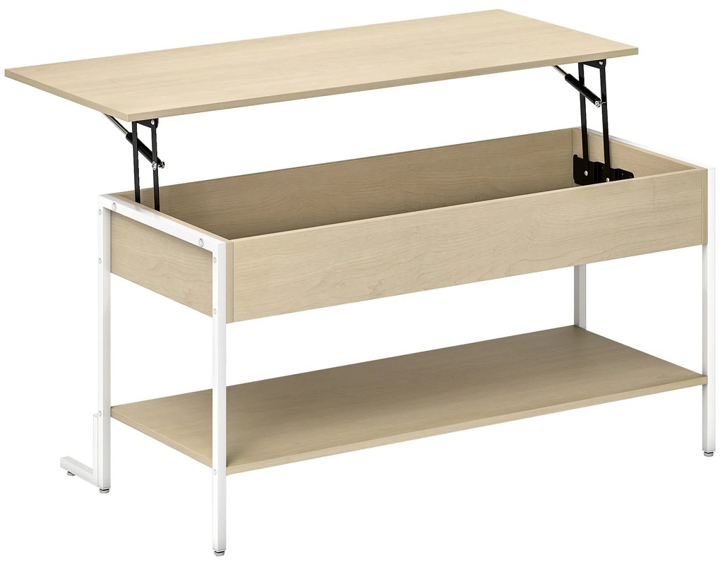 HOMCOM Mesa de Centro Elevatória com Espaço Oculto de Arrumação e Prateleira Aberta 95x40x59 cm Madeira e Branco