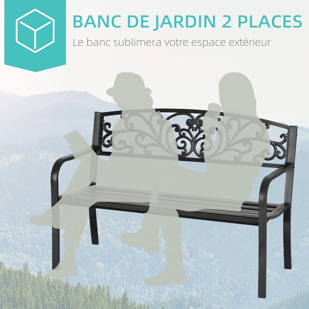 Banco de jardim para terraço em ferro fundido, 2 lugares, 127 x 60 x 87 cm, carga máxima de 240 kg preto