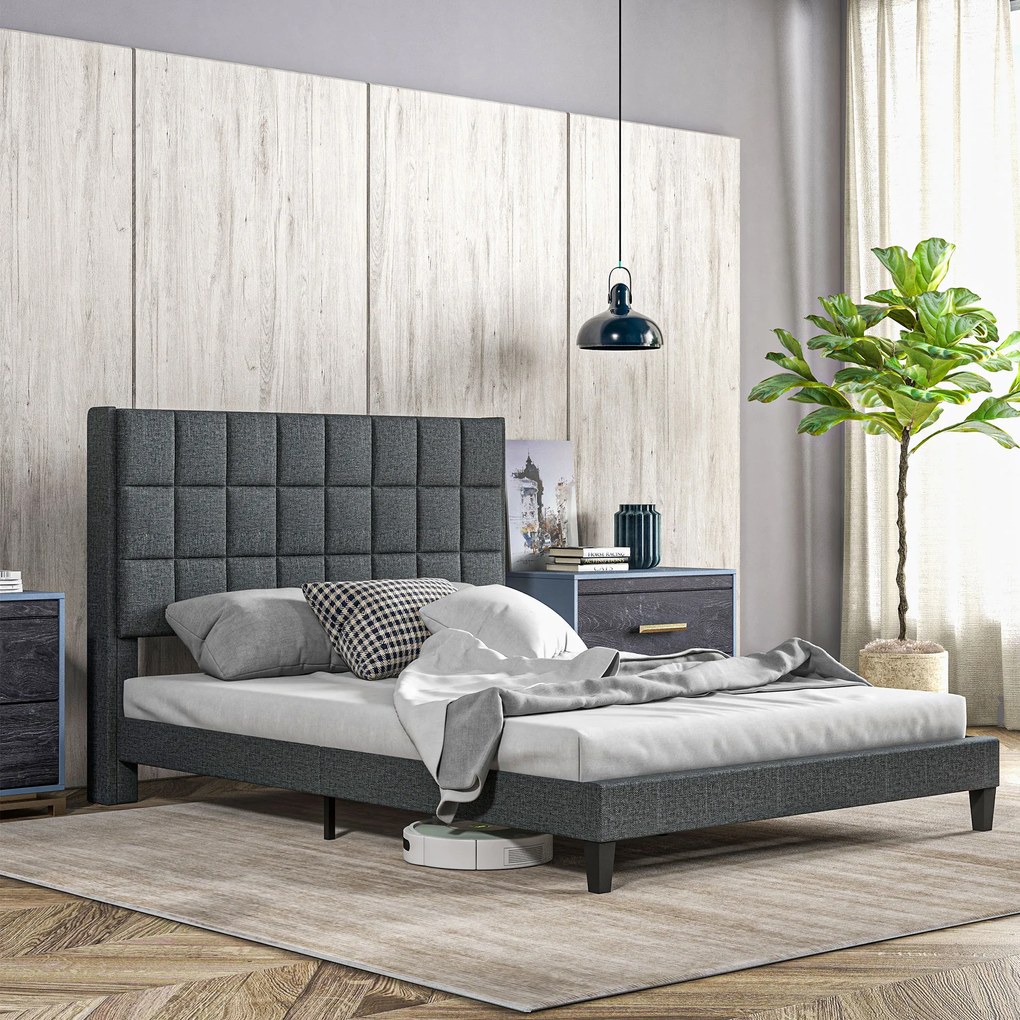 Estrutura de Cama 135x190 cm com Cabeceira Estofada em Linho e Espaço de Armazenamento Debaixo da Cama Cinza
