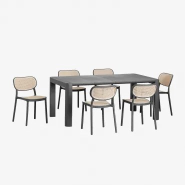 Conjunto De Mesa Retangular 180x100 Cm Arnadine E 6 Cadeiras De Jardim Empilháveis Em Polipropileno Omara Cinza Grafito - Sklum