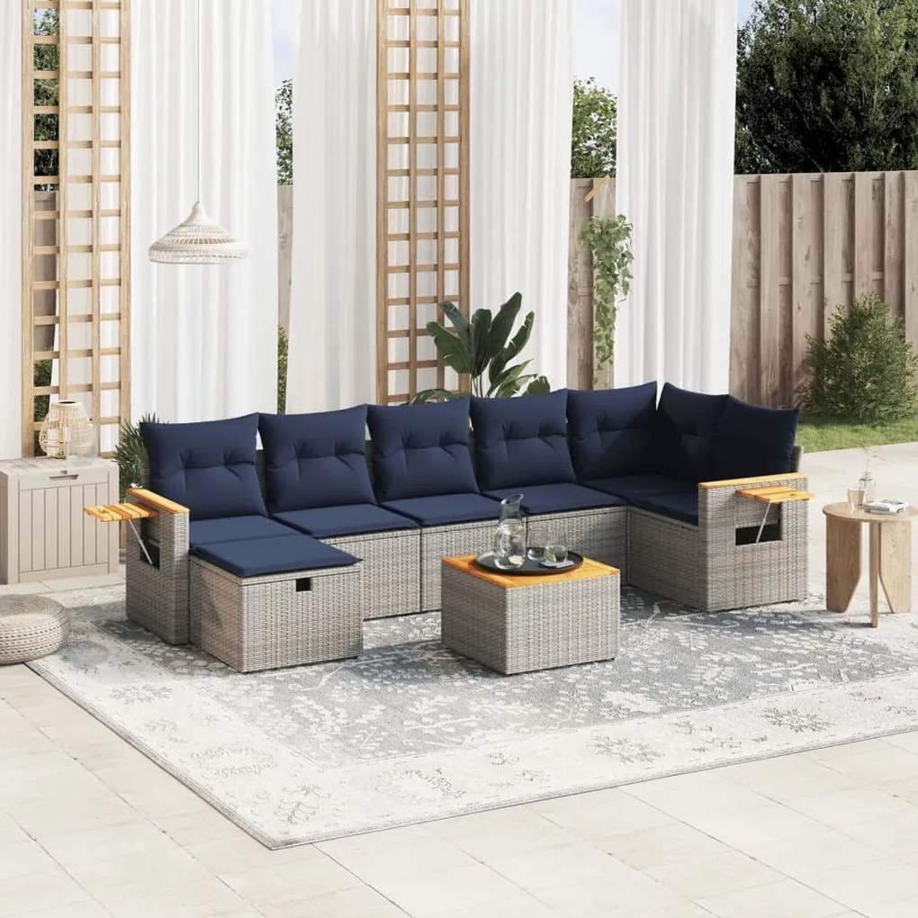 vidaXL 8 pcs conjunto sofás p/ jardim c/ almofadões vime PE cinzento
