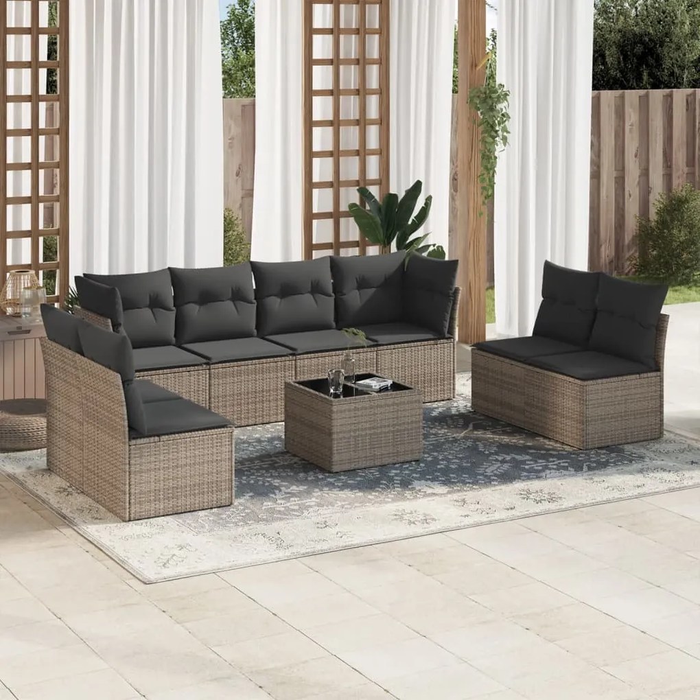 9 pcs conjunto sofás p/ jardim com almofadões vime PE cinzento