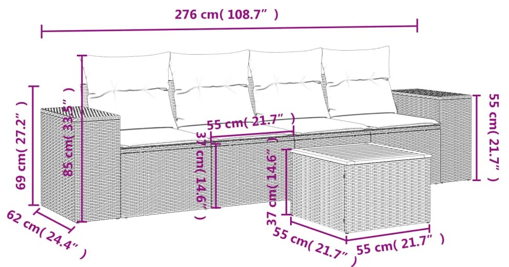 5 pcs conjunto de sofás p/ jardim com almofadões vime PE bege