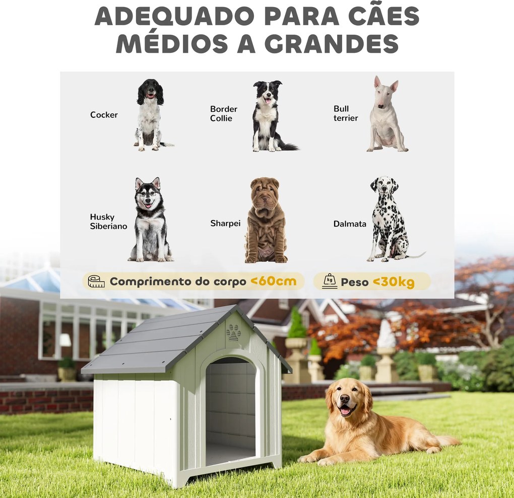 Casota para Cães de Exterior Casa para Cães Grandes em Plástico com 2 Janelas Base Elevada Estacas Cinzento