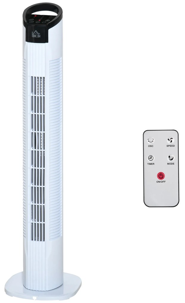 Ventoinha de Coluna 50W com Controlo Remoto 3 Velocidades Ecrã LCD Temporizador 7,5h e Oscilante 70° Ø20x78,5 cm Branco