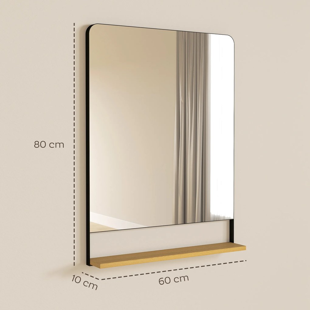 Espelho de parede 80 x 60 cm com prateleira de madeira, espelho retangular moderno com moldura de metal, preto