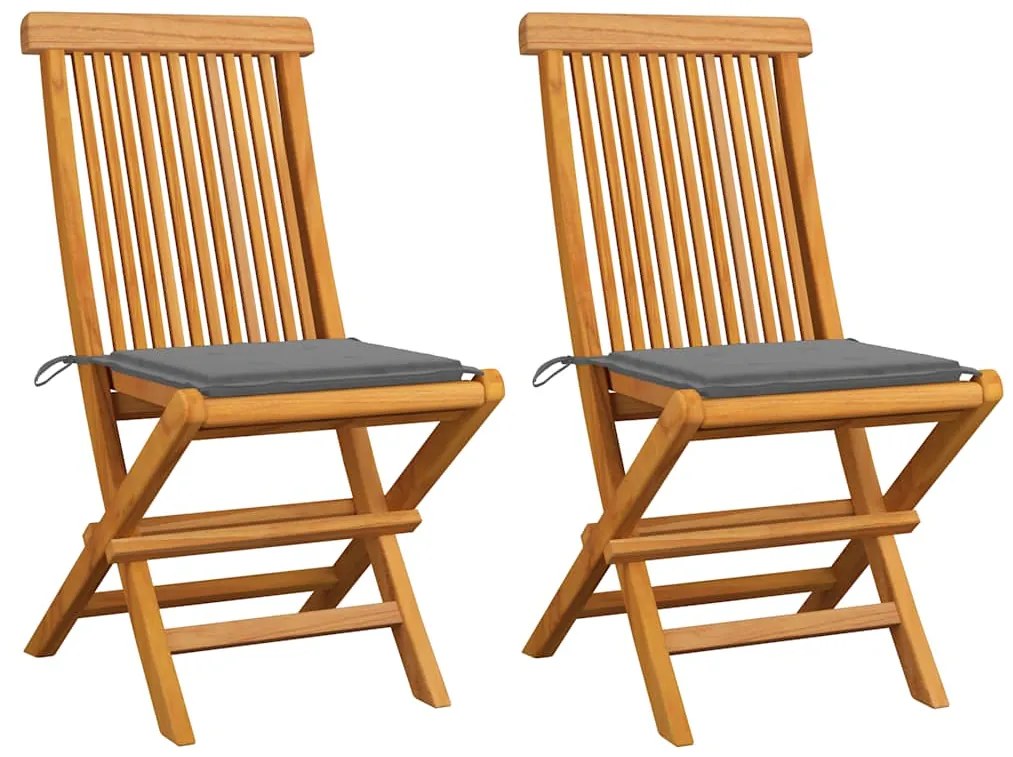 Cadeiras de jardim c/ almofadões cinzentos 2 pcs teca maciça