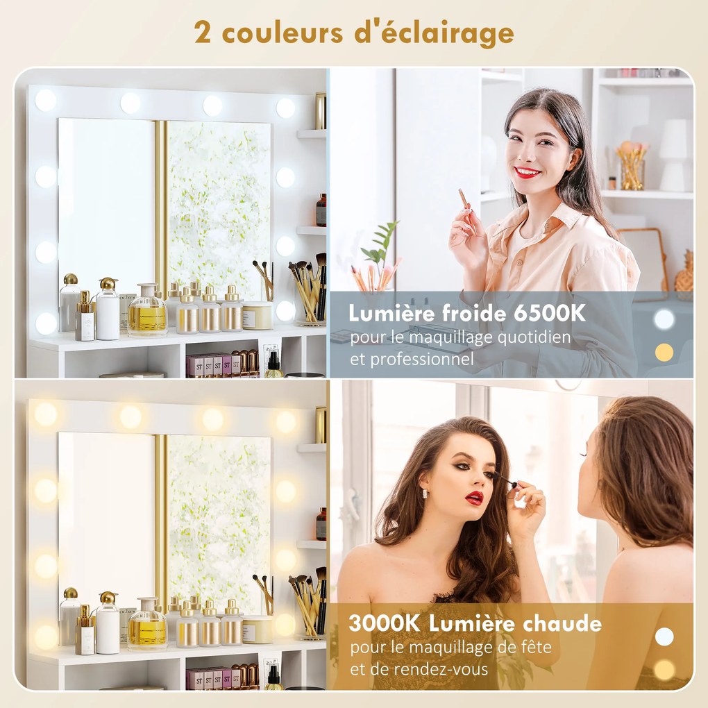 Toucador com espelho e 10 luzes LED  80x40x135 cm, luminosidade regulável, gaveta, armário e prateleiras abertas branco