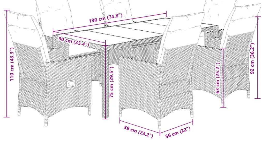 7 pcs conjunto de jantar p/ jardim com almofadões vime PE bege