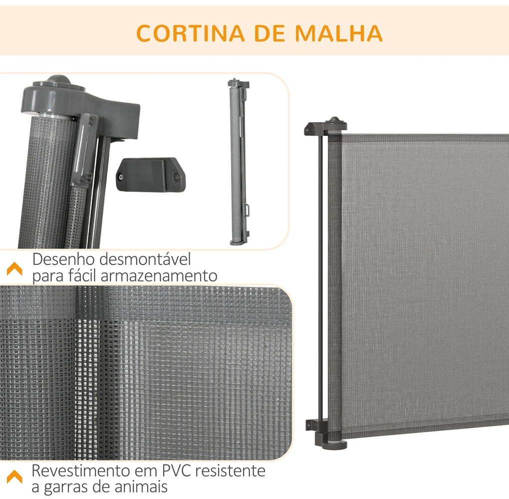 PawHut Barreira de Segurança para Cães Extensível 0-150cm Porta de Proteção Retrátil para Animais de Estimação Barreira para Escadas e Corredores Liga de Alumínio 165x10,7x85cm Cinza