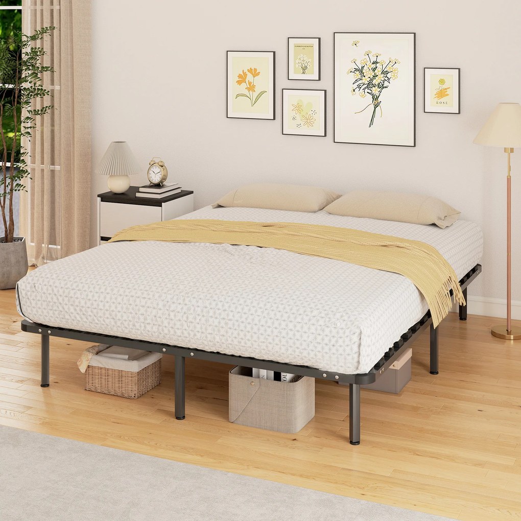 Cama de 160 x 190 cm, cama de casal em madeira maciça com base de ripas e pés, espaço de arrumação por baixo, preta