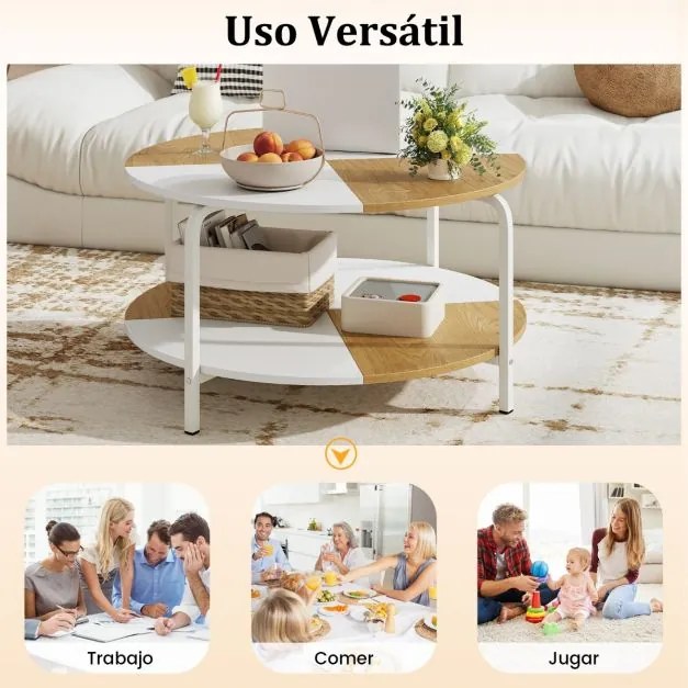 Mesa redonda de centro 80 cm de 2 níveis com prateleira e estrutura metálica Branco e Natural