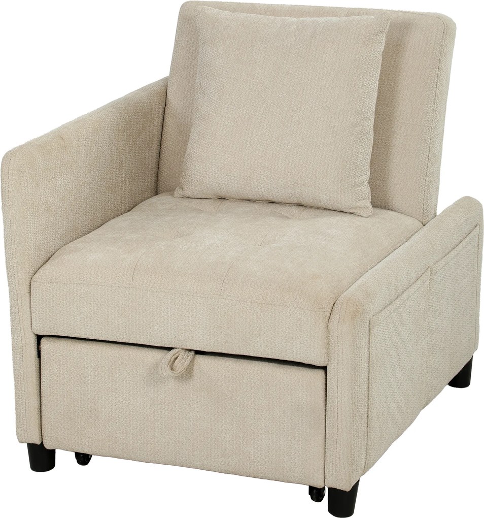 Poltrona-cama de 1 lugar, poltrona-cama clic-clac 4 em 1 com estofo em chenille, encosto ajustável, assento largo, bege
