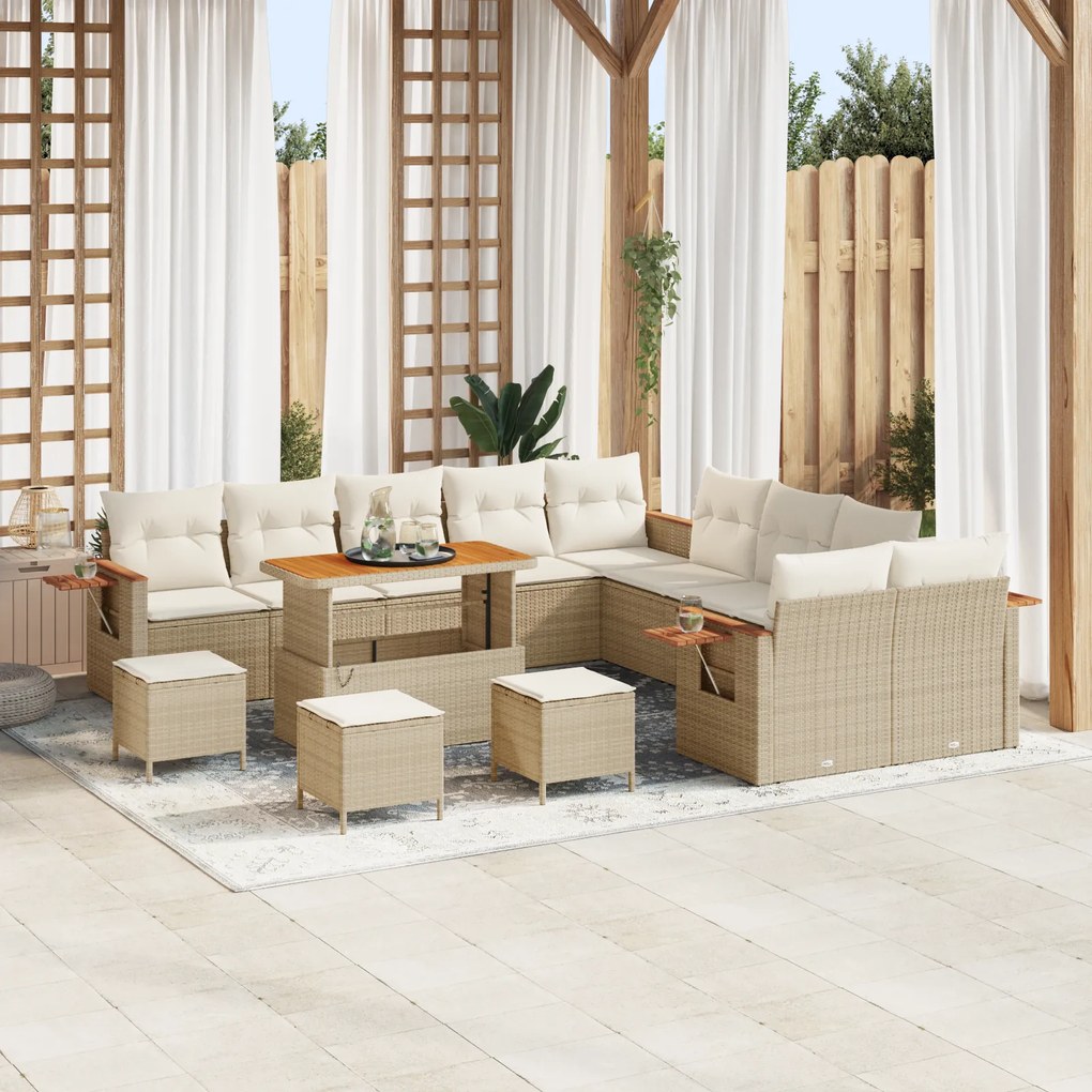 Conjunto de Sofá de Jardim vidaXL 14 Peças com Almofadas Bege Rattan Acácia