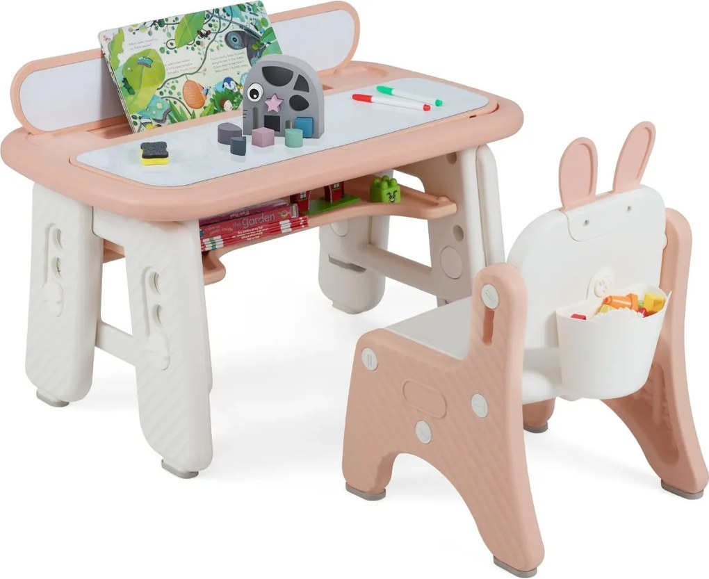 Conjunto de mesa e cadeira para crianças pequenas com estante, tampa rebatível, quadro magnético apagável e 3 alturas ajustáveis para desenhar, cor ro