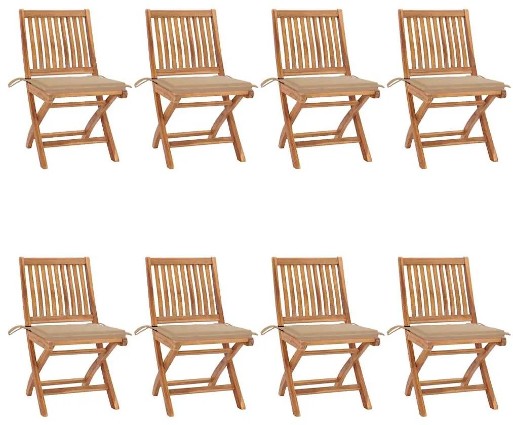 vidaXL Cadeiras de jardim dobráveis c/ almofadões 8 pcs teca maciça
