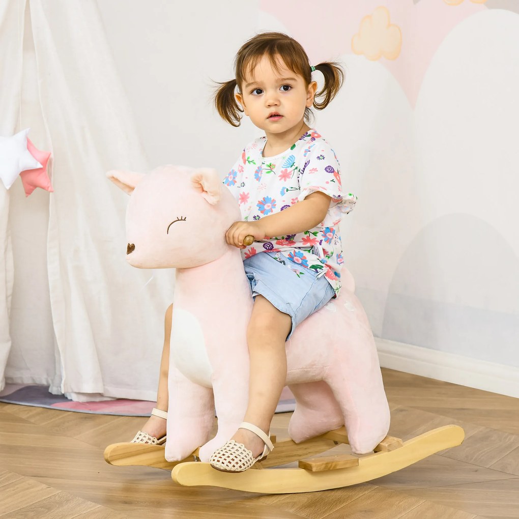 Baloiço Infantil de Cervo para Crianças acima de 3 Anos Baloiço com Sons Realistas de Pelúcia e Base de Madeira Carga 45kg 68x35,5x64cm Rosa