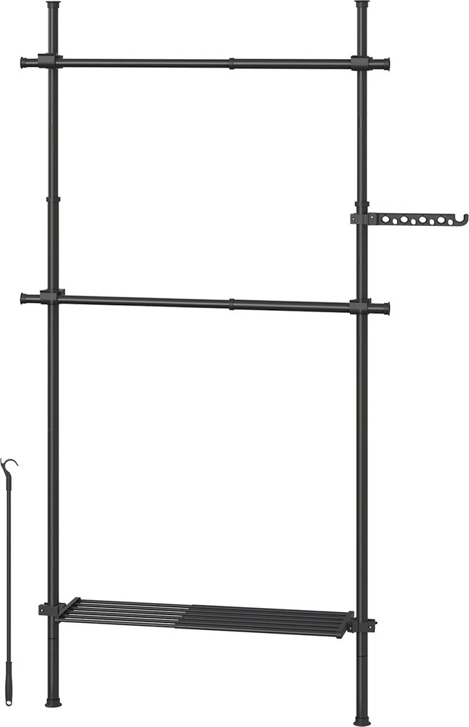 Guarda-roupa aberto com 2 varões e 1 prateleira com 3 níveis 33,5 x (84-123) x (220-300) cm , ajustável em altura e largura Preto