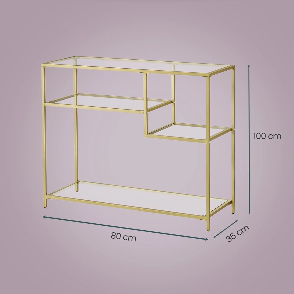 Mesa consola em vidro e metal 35 x 100 x 80 cm, com prateleiras, para corredor ou sala de estar dourado