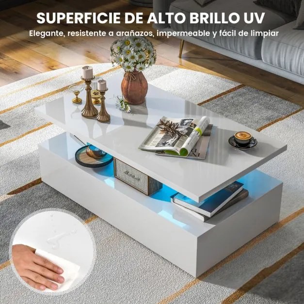 Mesa de centro110 x 60 x 40 cm com LED de 2 níveis com cores de luz ajustáveis em formato retangular contemporâneo para sala de estar Branca