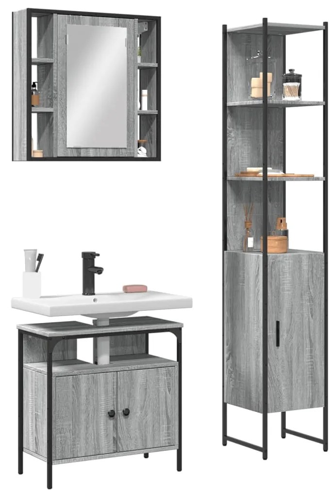 vidaXL 3 pcs conjunto móveis WC derivados de madeira cinzento sonoma