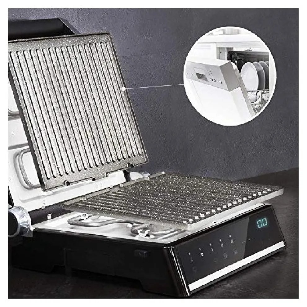 Grelhador elétrico Rock’nGrill Smart potência de 2000 W, sistema de ajuste de tempo e temperatura, abertura 180º, placas removíveis adequadas para máq