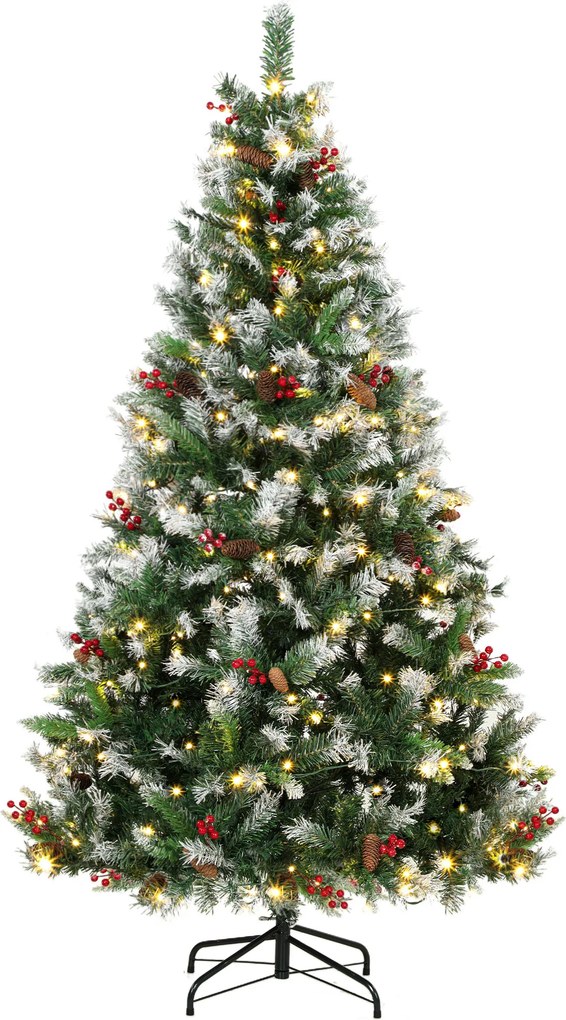 HOMCOM Árvore de Natal Nevada 210 cm com 400 LED, 11 Modos, Comando à Distância, 1253 Pontas, 44 Pinhas e 44 Bagas | Aosom Portugal