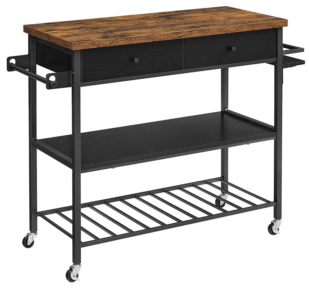 Prateleira de cozinha multifuncional com ilha e rodas | VASAGLE | 119 x 45 x 91 cm | castanho/preto | KKI003B01.