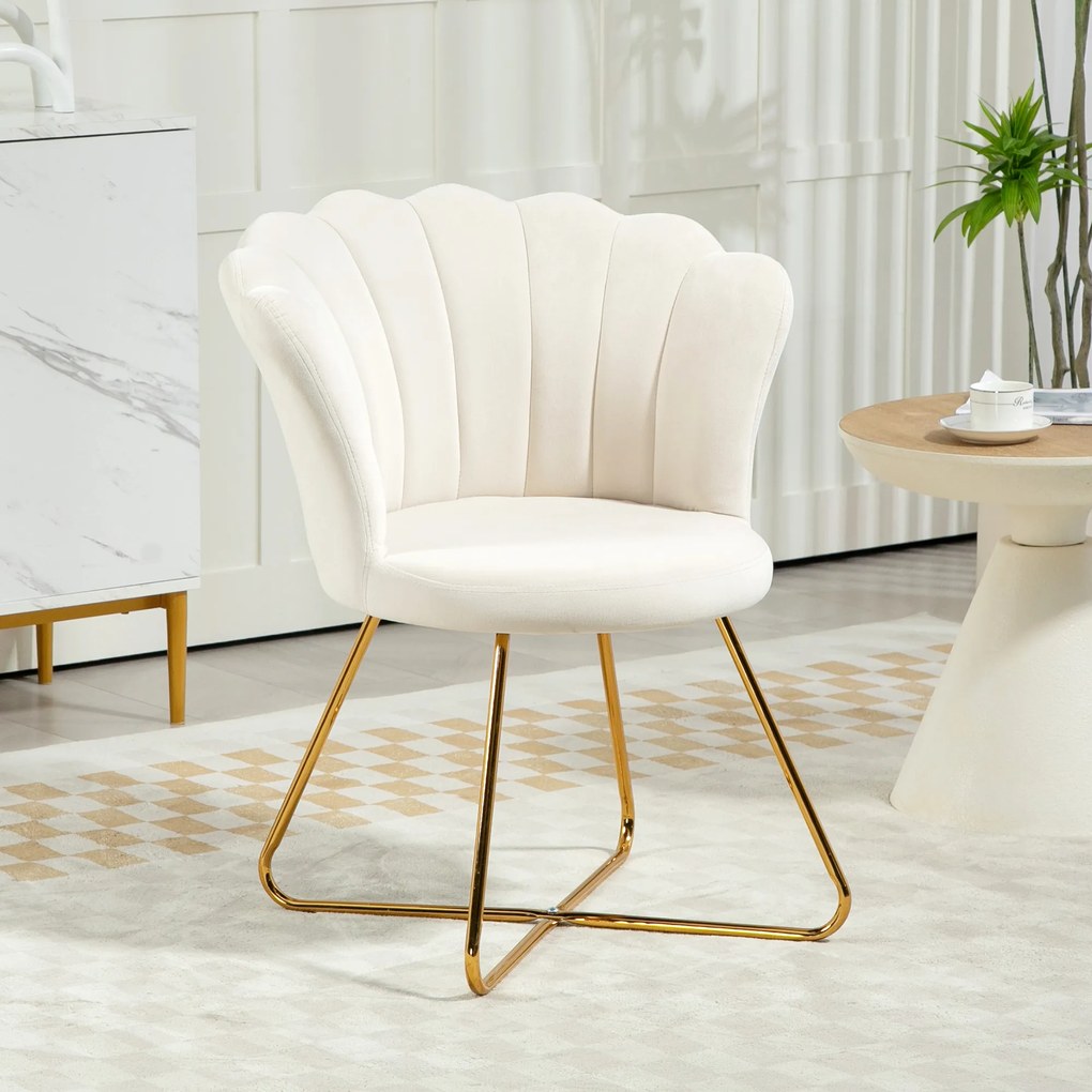 Poltrona em forma de concha, cadeira de Toucador, poltrona em veludo, poltrona de sala com pés em aço, 69 x 64 x 80 cm, creme