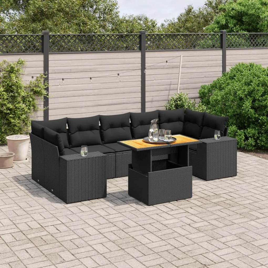 8 pcs conjunto sofás de jardim com almofadões vime PE preto