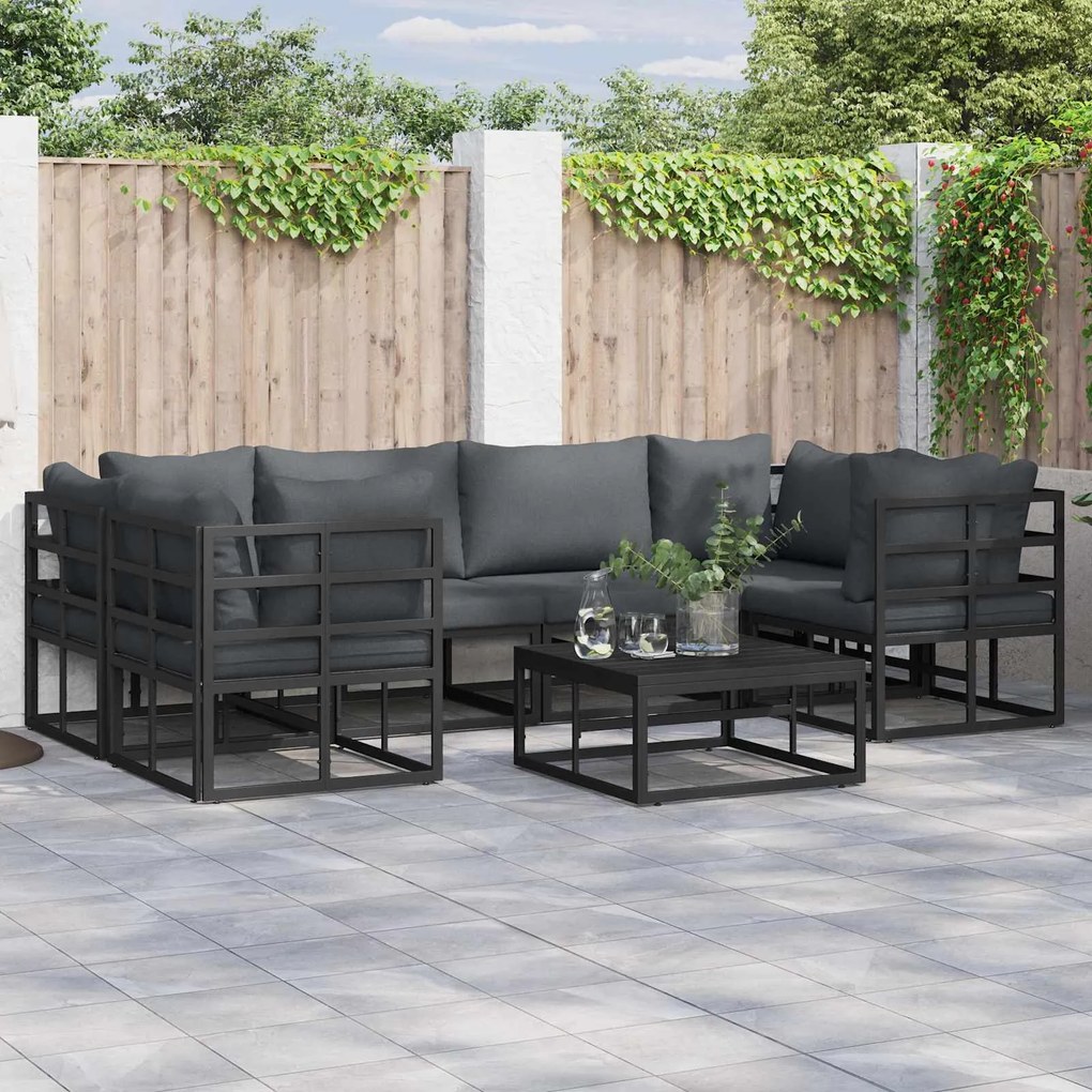 vidaXL Conjunto de Sofá de Jardim com almofada 7 pcs Preto Alumínio