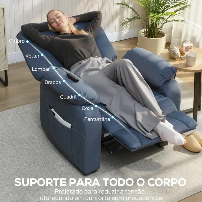 Poltrona Reclinável Elétrica Silenciosa com Função Memória Apoio para os Pés Controlo Remoto Porta USB 96x90x105 cm Azul