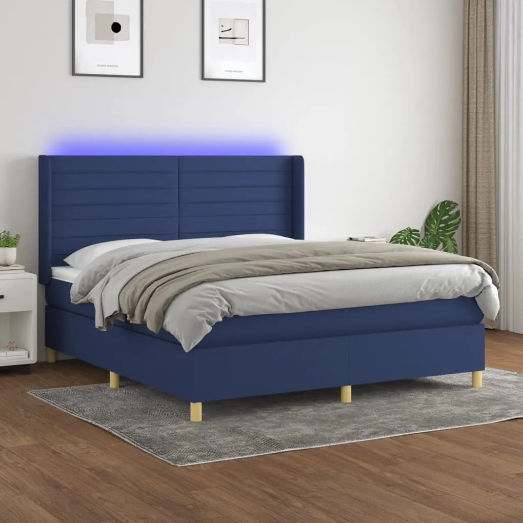 Cama box spring c/ colchão e LED 160x200 cm tecido azul