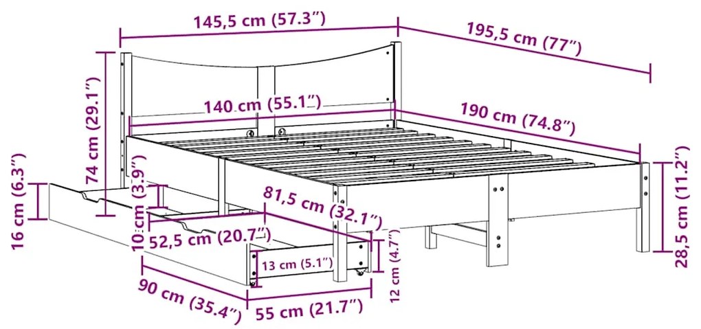 Estrutura de cama com gavetas 140x190 cm pinho maciço branco