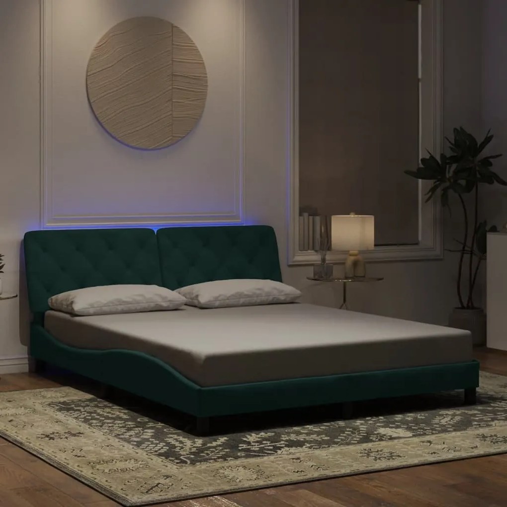 Estrutura de cama c/ luzes LED 160x200 cm veludo verde-escuro