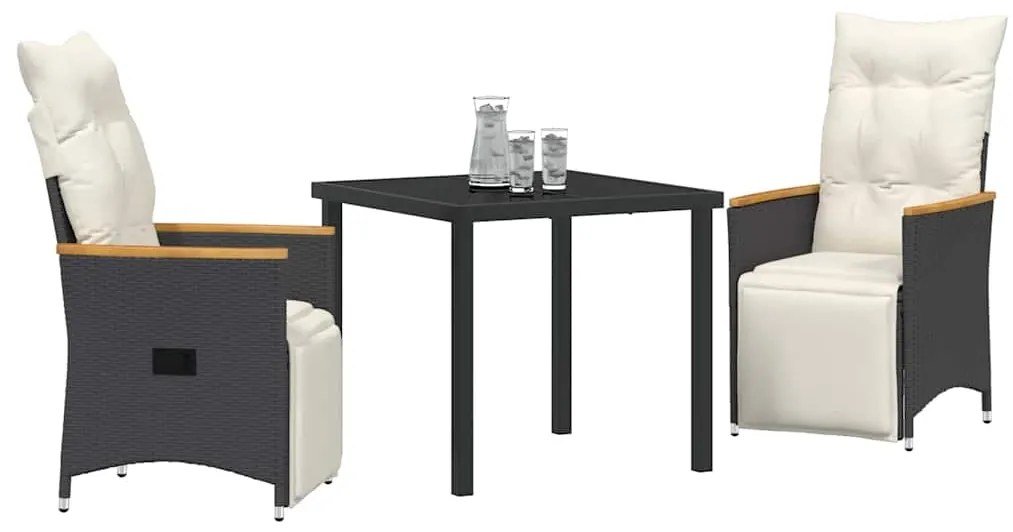 Conjunto de Jantar para Jardim com 3 Peças e Almofadas Pretas de Poly