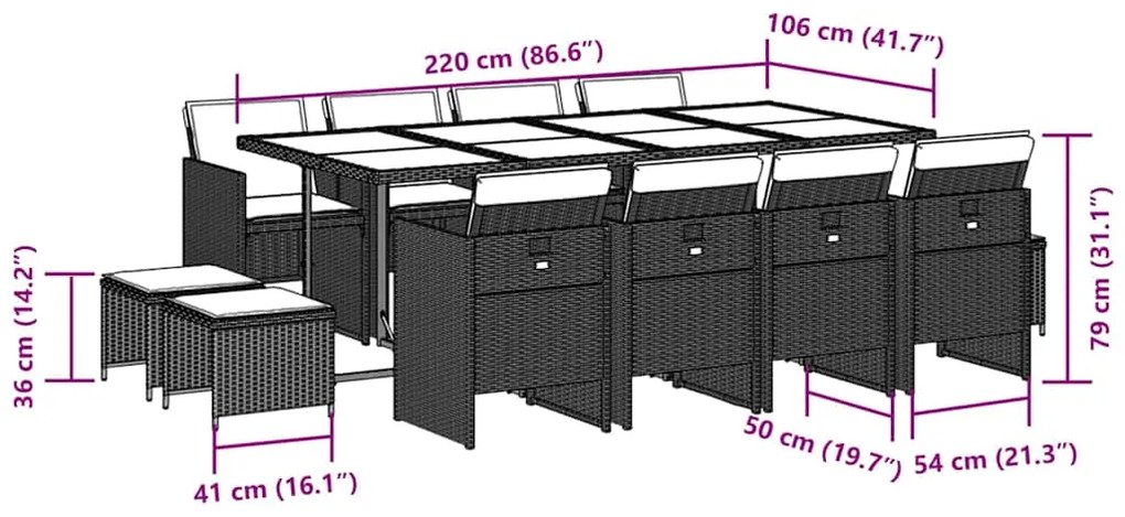 13 pcs conjunto de jantar p/ jardim com almofadões vime PE bege