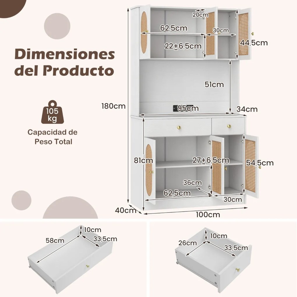 Armário de cozinha 100 x 40 x 180 cm com Estação de carregamento 6 portas Rattan Estilo boho, 2 gavetas 4 prateleiras ajustáveis Branco e Natural