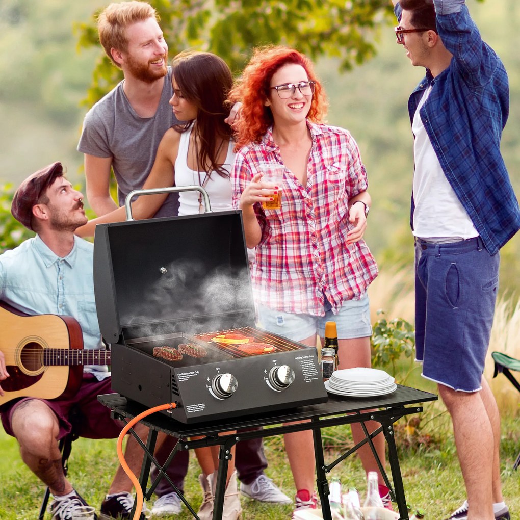 Outsunny Barbecue a Gás Dobrável com 2 Queimadores Churrasqueira à Gás Portátil com Termómetro para Campismo Piquenique ao Ar Livre Jardim 55x46,5x41cm Preto