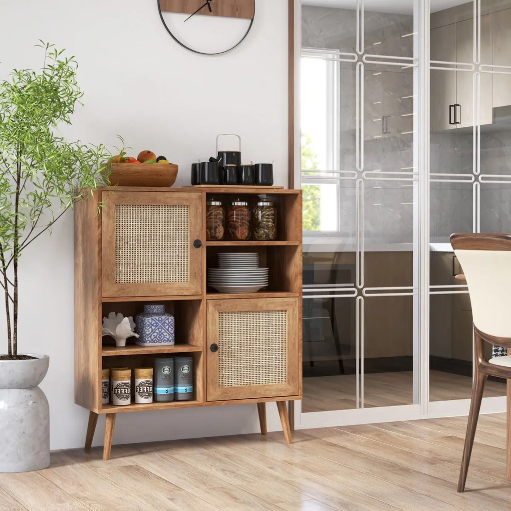 Aparador em rattan com 4 cubículos e 2 portas decoradas Armário de acento Boho em rattan para sala de jantar 80 x 29,5 x 97 cm Natural